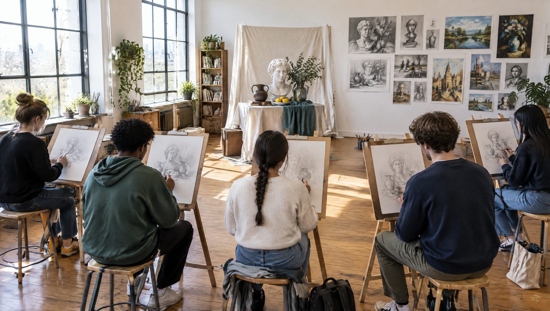 Small class of students drawing a posed still life at easels in a bright art classroom