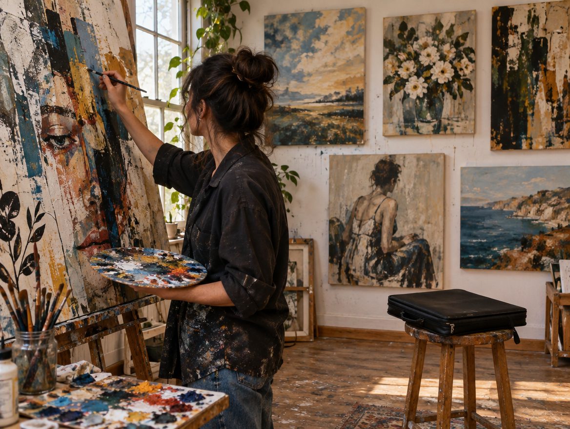 Young artist painting a large mixed-media canvas in a studio with finished paintings on the wall