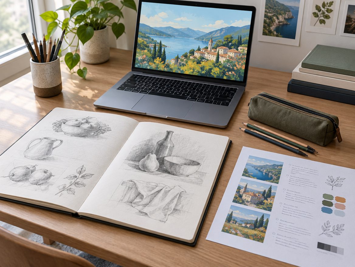 Tidy desk with a sketchbook of still life studies, a laptop showing a landscape illustration and printed notes