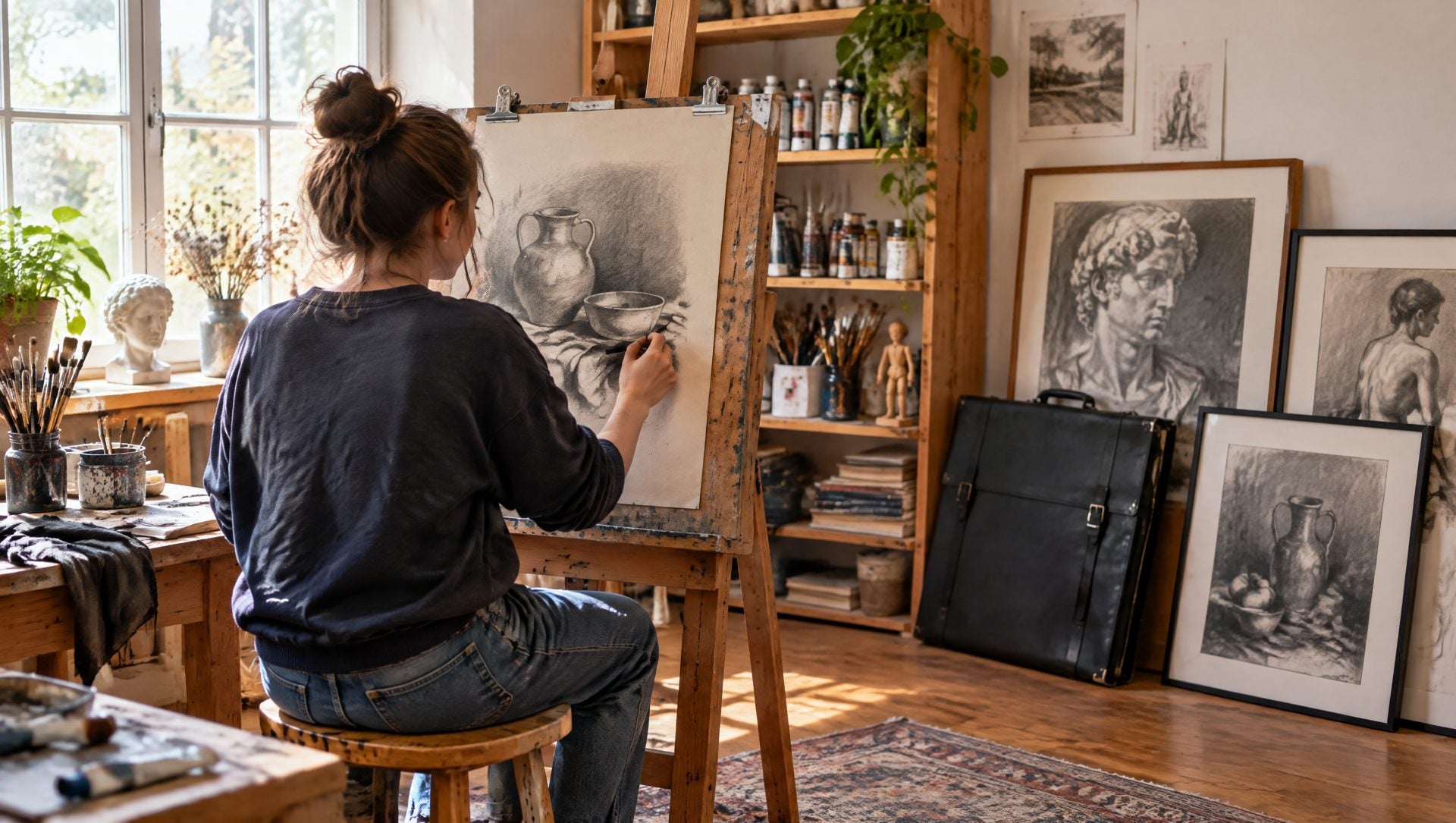 Student drawing a charcoal still life at an easel in a bright art studio, with a portfolio case and finished drawings nearby