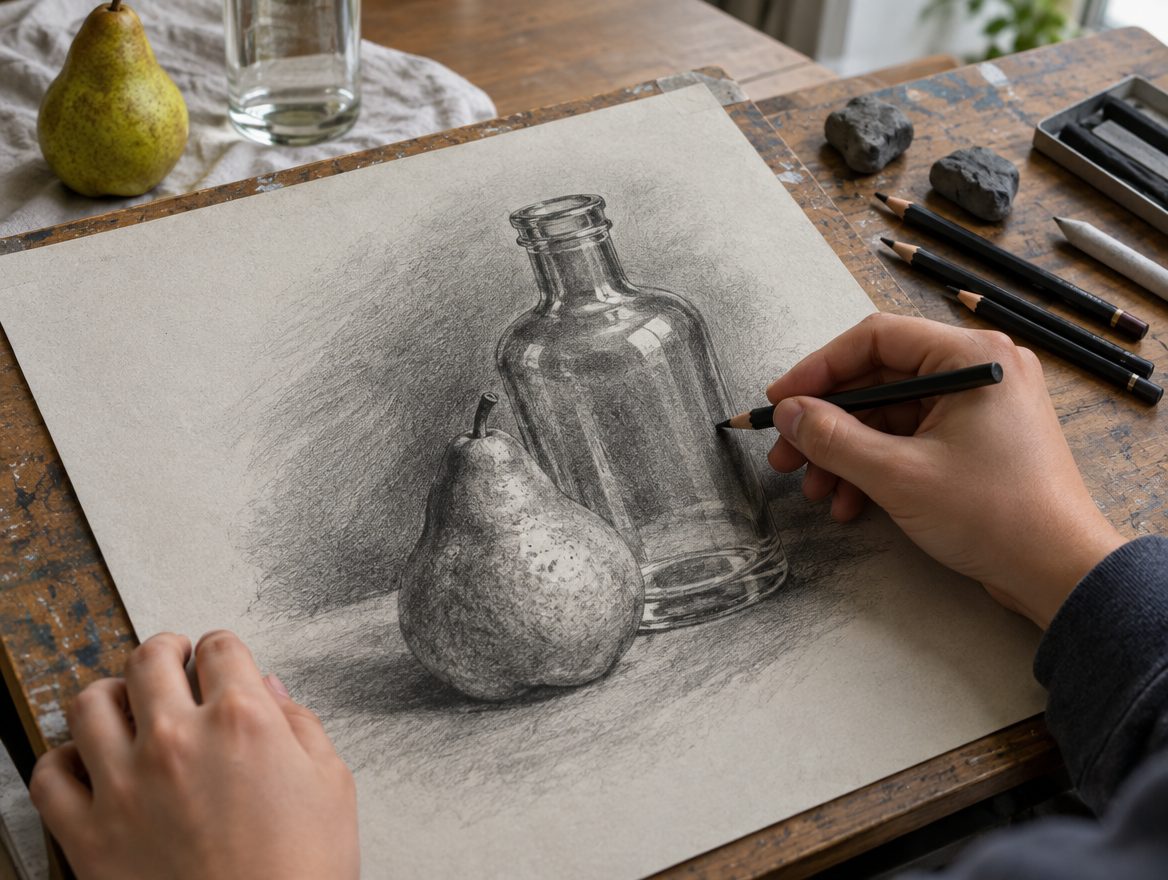 Student's hands drawing a graphite and charcoal still life of a pear and glass bottle