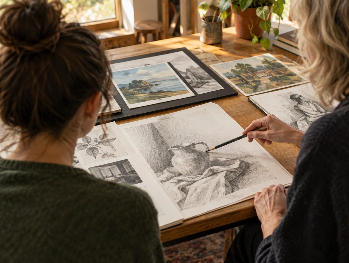 Art instructor and student reviewing drawings together at a studio table