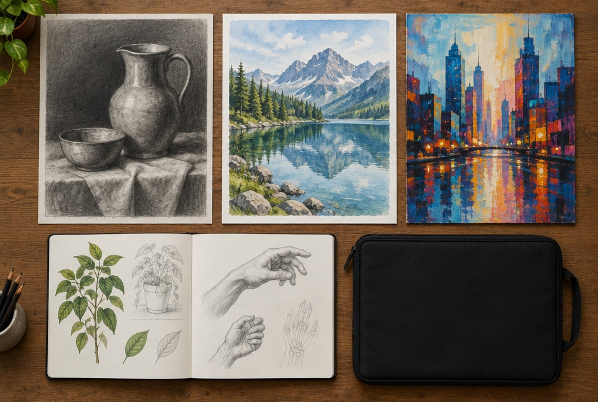 Finished art portfolio laid out on a table with a charcoal still life, watercolor landscape, acrylic cityscape, sketchbook and portfolio case