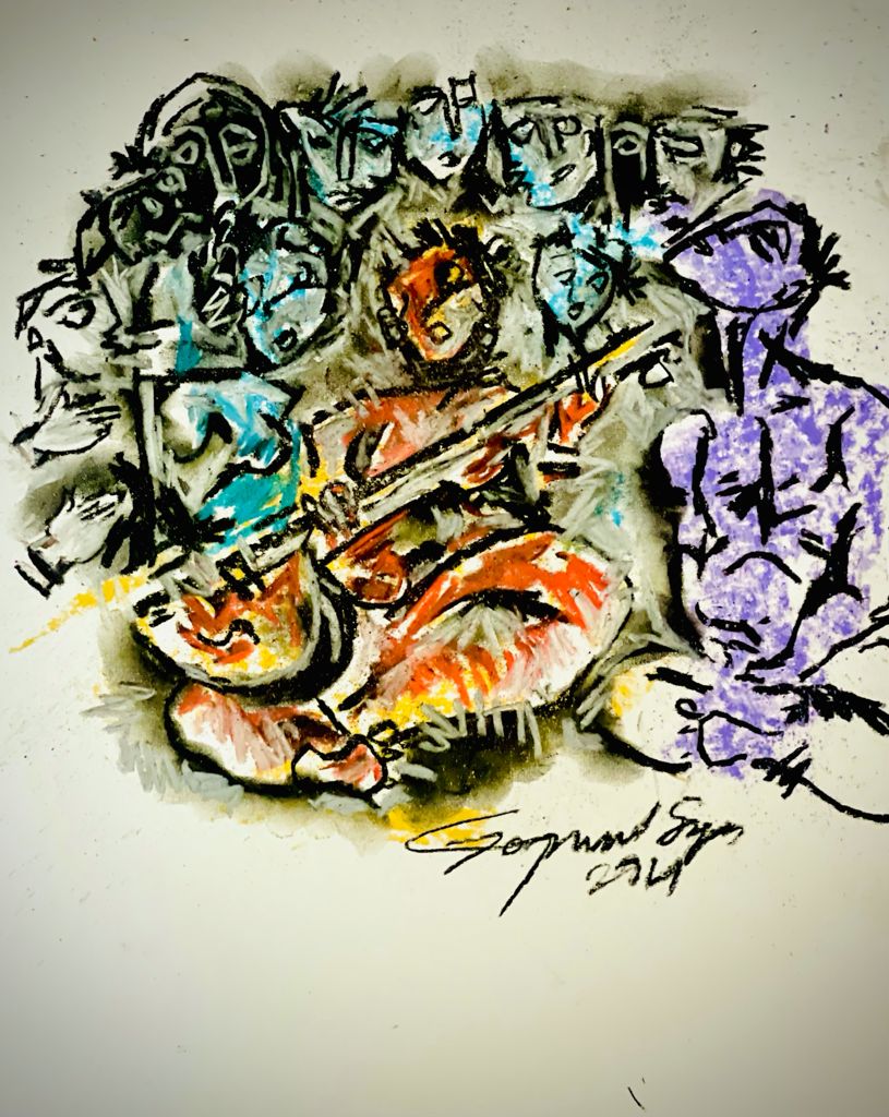 Buy Music Lovers Painting the original Charcoal and Pastel on Paper artwork by Indian-American artist Gopaal Seyn | RedBlueArts.com