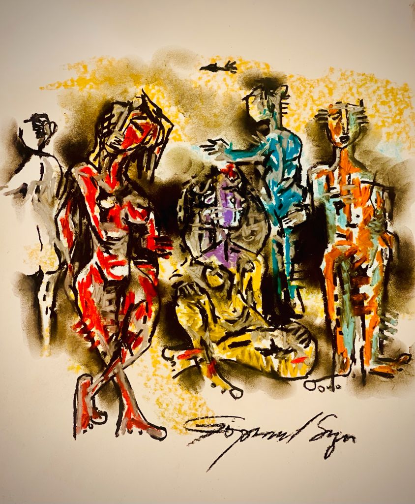 Buy Negotiations Painting the original Charcoal and Pastel on Paper artwork by Indian-American artist Gopaal Seyn | RedBlueArts.com