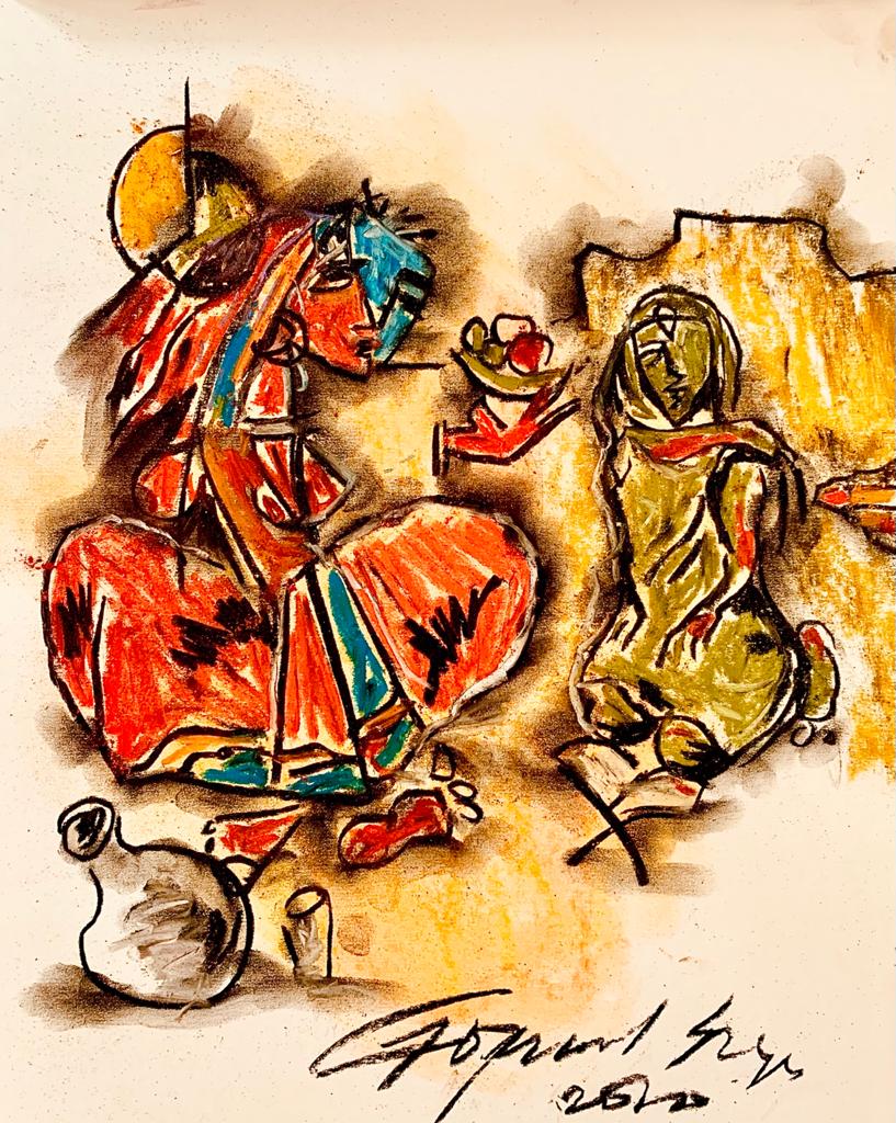 Buy Labour Painting the original Matted Charcoal and Pastel on Paper artwork by Indian-American artist Gopaal Seyn | RedBlueArts.com