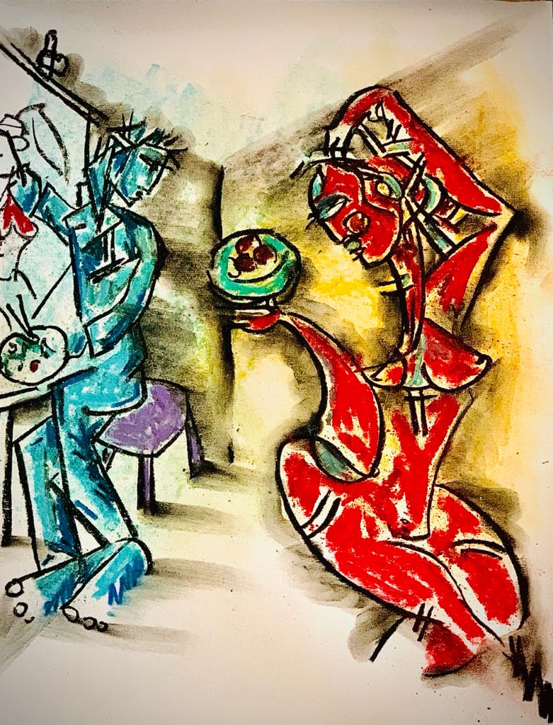 Buy The Artist and the Muse Painting the original Matted Charcoal and Pastel on Paper artwork by Indian-American artist Gopaal Seyn | RedBlueArts.com