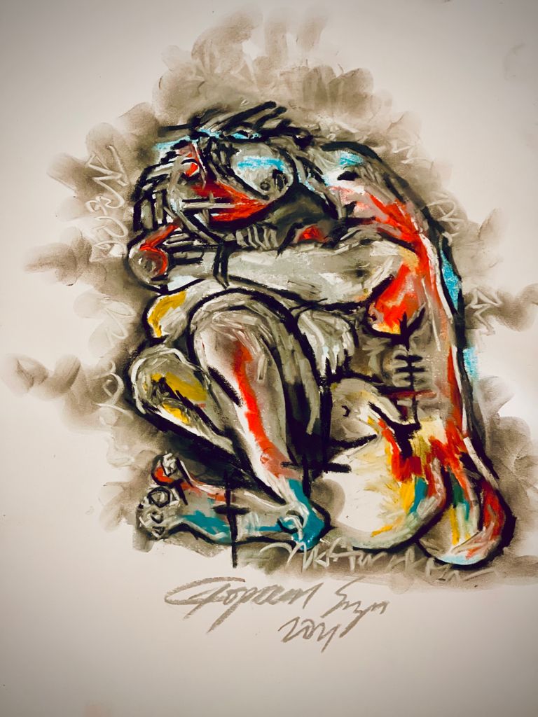 Buy Communicatiing with Her Subconcious Painting the original Charcoal and Pastel on Paper artwork by Indian-American artist Gopaal Seyn | RedBlueArts.com
