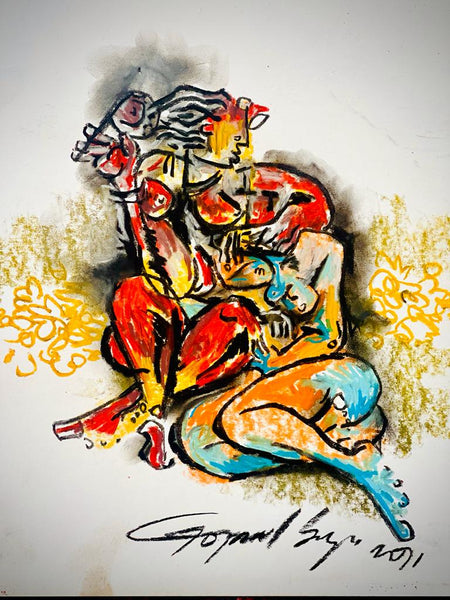 Buy The Best Place to Cry is in a Mother's Arm Painting the original Matted Charcoal and Pastel on Paper artwork by Indian-American artist Gopaal Seyn | RedBlueArts.com