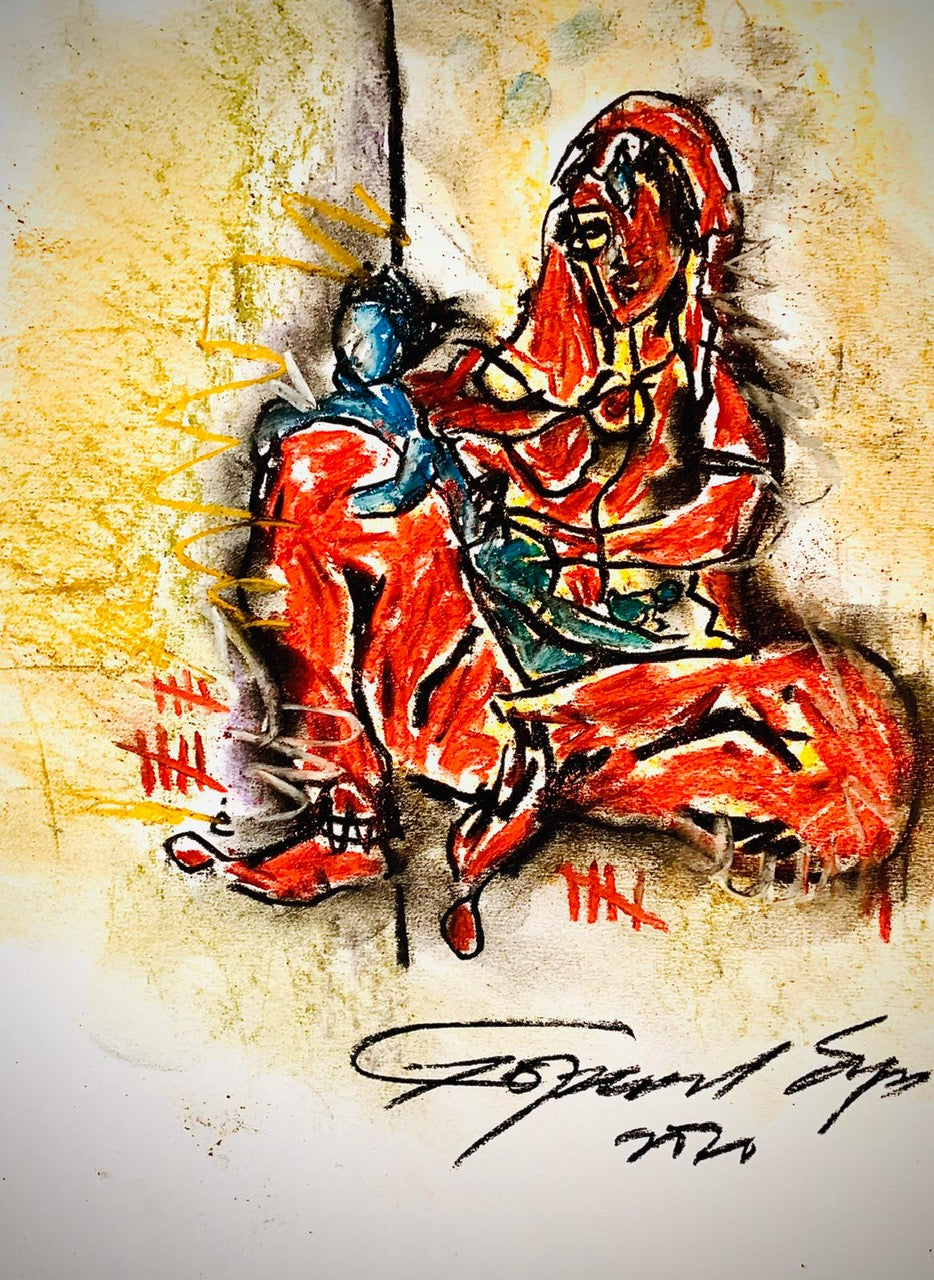 Buy Mother and Child Painting the original Matted Charcoal and Pastel on Paper artwork by Indian-American artist Gopaal Seyn | RedBlueArts.com