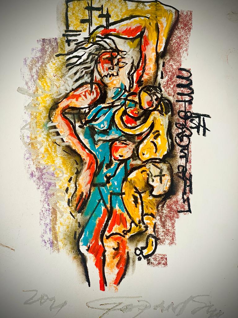 Buy Mother and Child Series - A Painting the original Matted Charcoal and Pastel on Paper artwork by Indian-American artist Gopaal Seyn | RedBlueArts.com