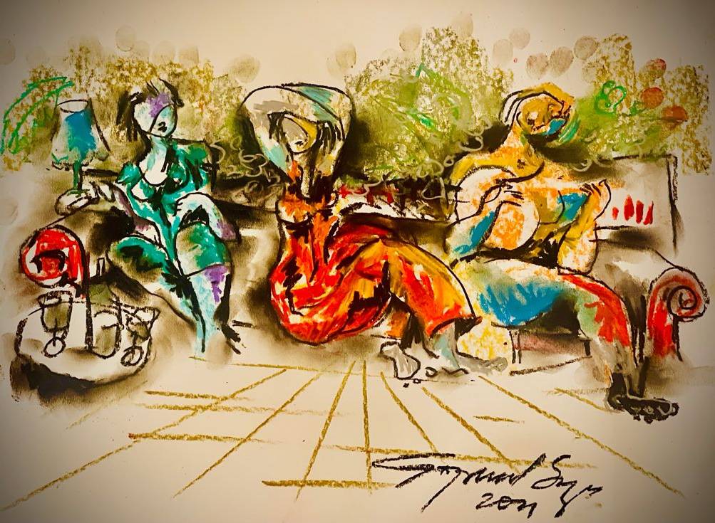 Buy A Musical Evening at Home Painting the original Charcoal and Pastel on Paper artwork by Indian-American artist Gopaal Seyn | RedBlueArts.com