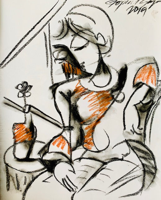 Buy Reading Painting the original Charcoal on Paper artwork by Indian-American artist Gopaal Seyn | RedBlueArts.com