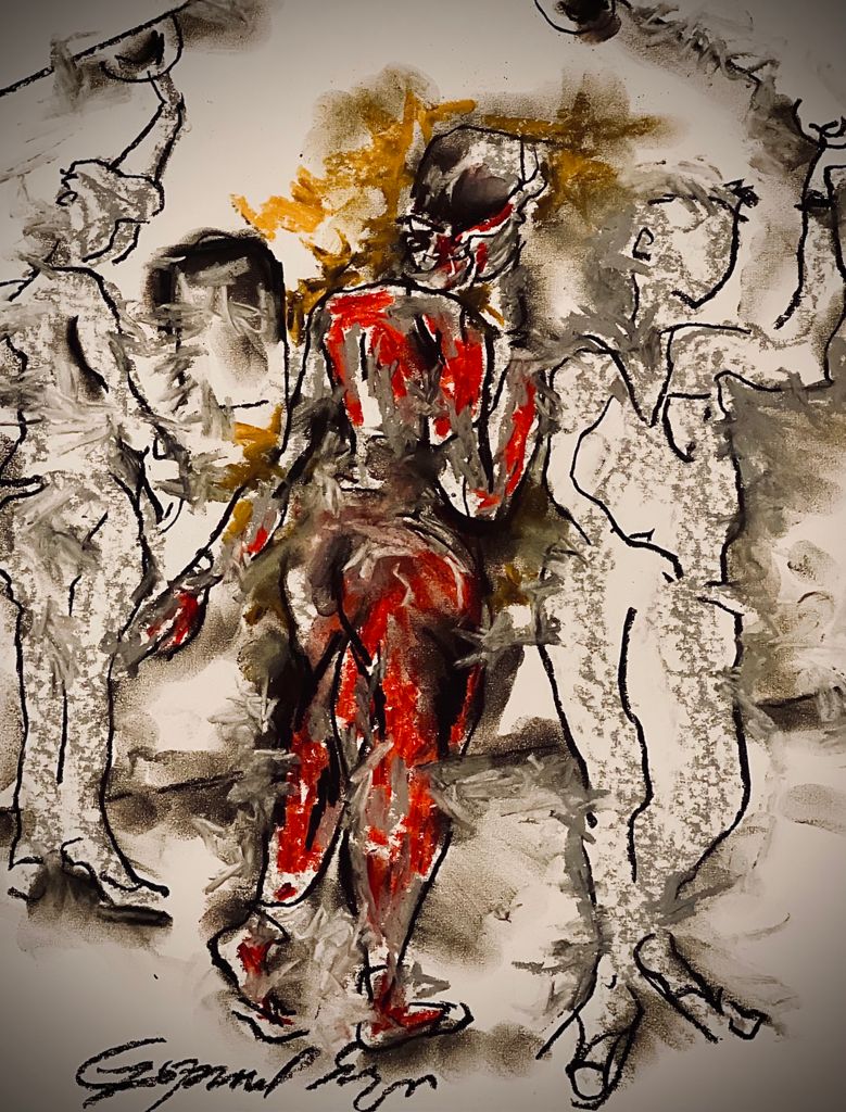 Buy Trainride - My Stop is Here Painting the original Matted Charcoal and Pastel on Paper artwork by Indian-American artist Gopaal Seyn | RedBlueArts.com