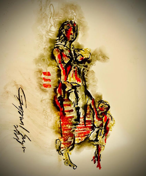 Buy My Mom, My Guide Painting the original Matted Charcoal and Pastel on Paper artwork by Indian-American artist Gopaal Seyn | RedBlueArts.com