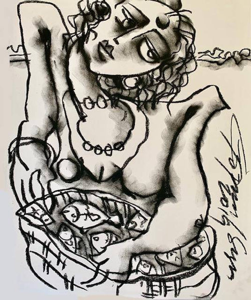 Buy Fisherwoman Painting the original Charcoal on Paper artwork by Indian-American artist Gopaal Seyn | RedBlueArts.com