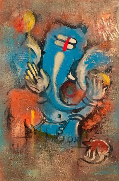 Buy Ganesh (BLUE) Painting the original Mix Media On Canvas artwork by Indian-American artist Gopaal Seyn | RedBlueArts.com