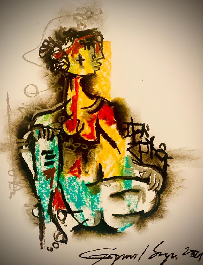 Buy The Eldest Wife Painting the original Matted Charcoal and Pastel on Paper artwork by Indian-American artist Gopaal Seyn | RedBlueArts.com