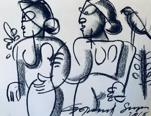 Buy Friendship Painting the original Charcoal on Paper artwork by Indian-American artist Gopaal Seyn | RedBlueArts.com