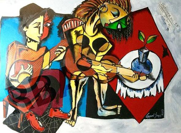 Buy The Troubadors Painting the original Mix Media On Canvas artwork by Indian-American artist Gopaal Seyn | RedBlueArts.com