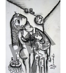 Buy Journey of a Mother and Daughter Painting the original Ink, Charcoal and Pastel on Paper artwork by Indian-American artist Gopaal Seyn | RedBlueArts.com