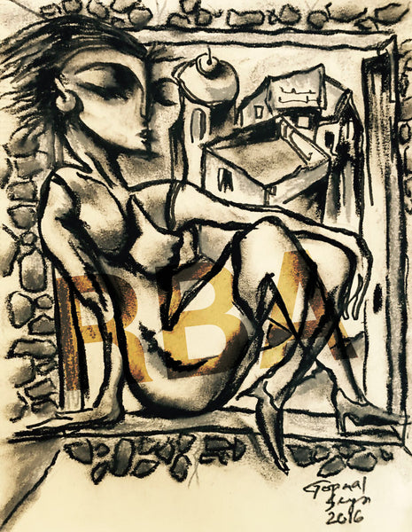 Buy Waiting (18) Painting the original Ink, Charcoal and Pastel on Paper artwork by Indian-American artist Gopaal Seyn | RedBlueArts.com